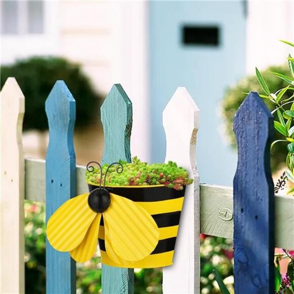 Set of 2 Bee Wall Hanging Planter Decor Art, Metal Wall Mounted Planters - Picture 6 of 8